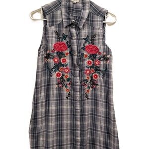 Light Blue Plaid Shirt with Floral Embroidery by Kyla Seo